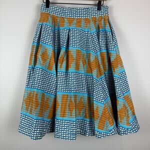 Francis + Benedict A-Line Skirt Women's Small Blue Brown Geo Pleated Togo Africa